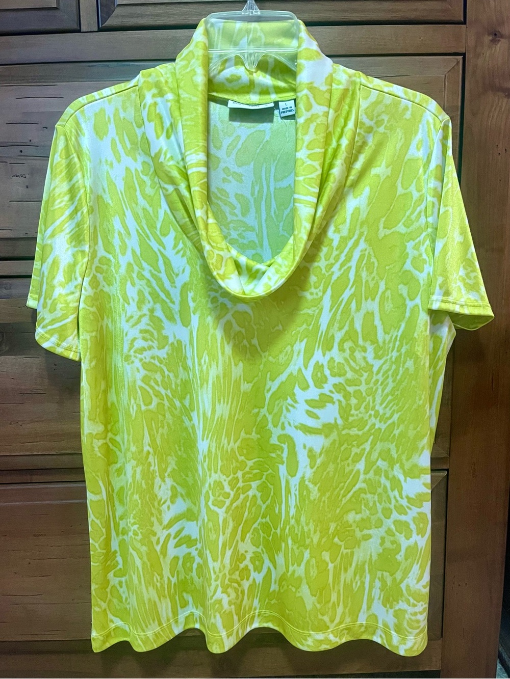 Susan Graver Lime Green & White Cowl Neck Short Sleeve Top Size L